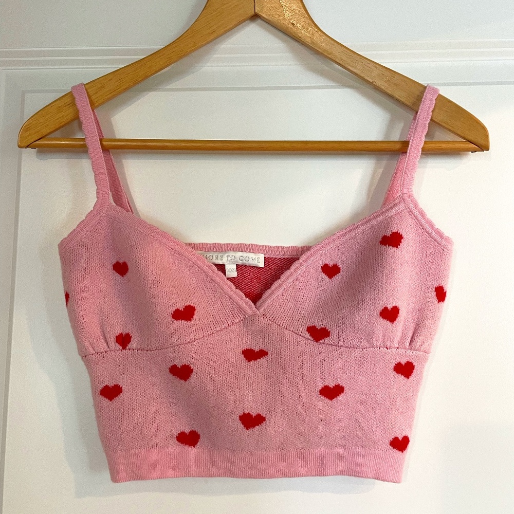 Cute cropped pink sweater with red hearts print -- size XXS